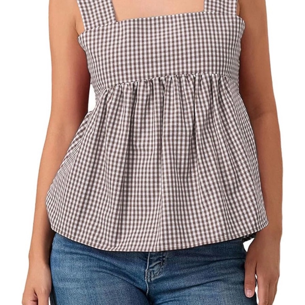 Amazon Gingham Babydoll Square-Neck Tank Top - Gray & White
